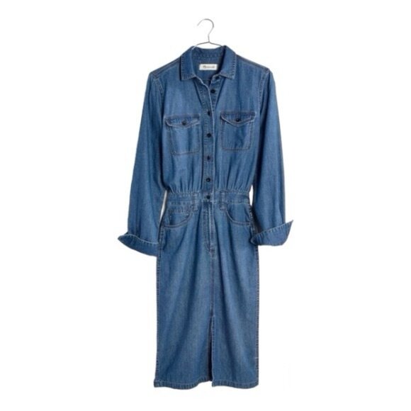 Madewell Blue Denim Midi Shirt Dress Size 00 Preppy Jean Casual - Picture 9 of 9